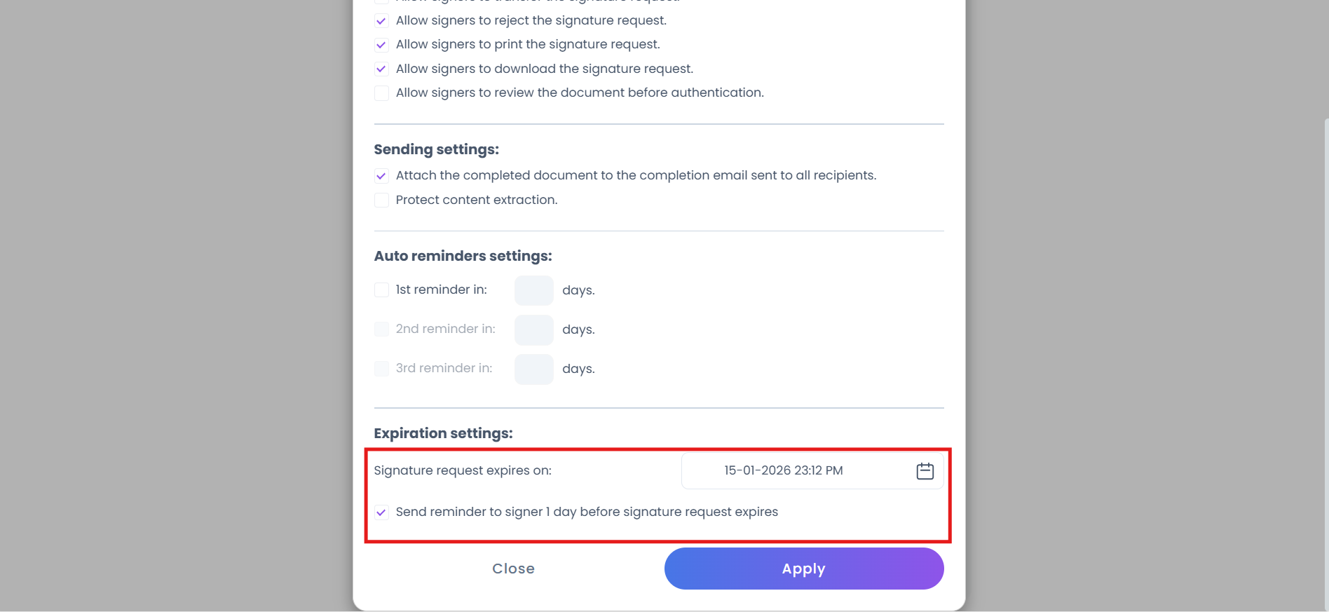 Sending requests with advanced options (reminders, download permissions ...
