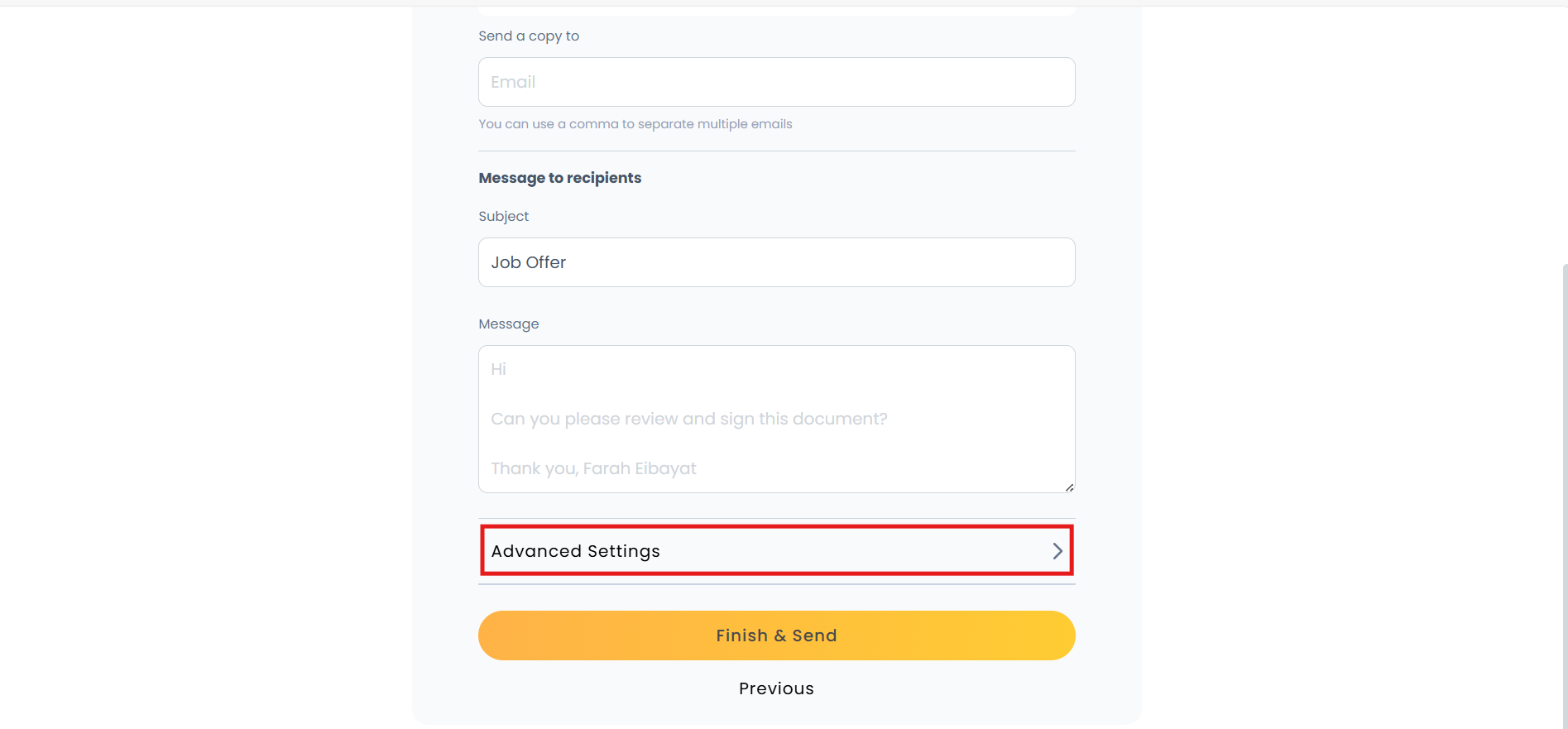 Sending requests with advanced options (reminders, download permissions ...